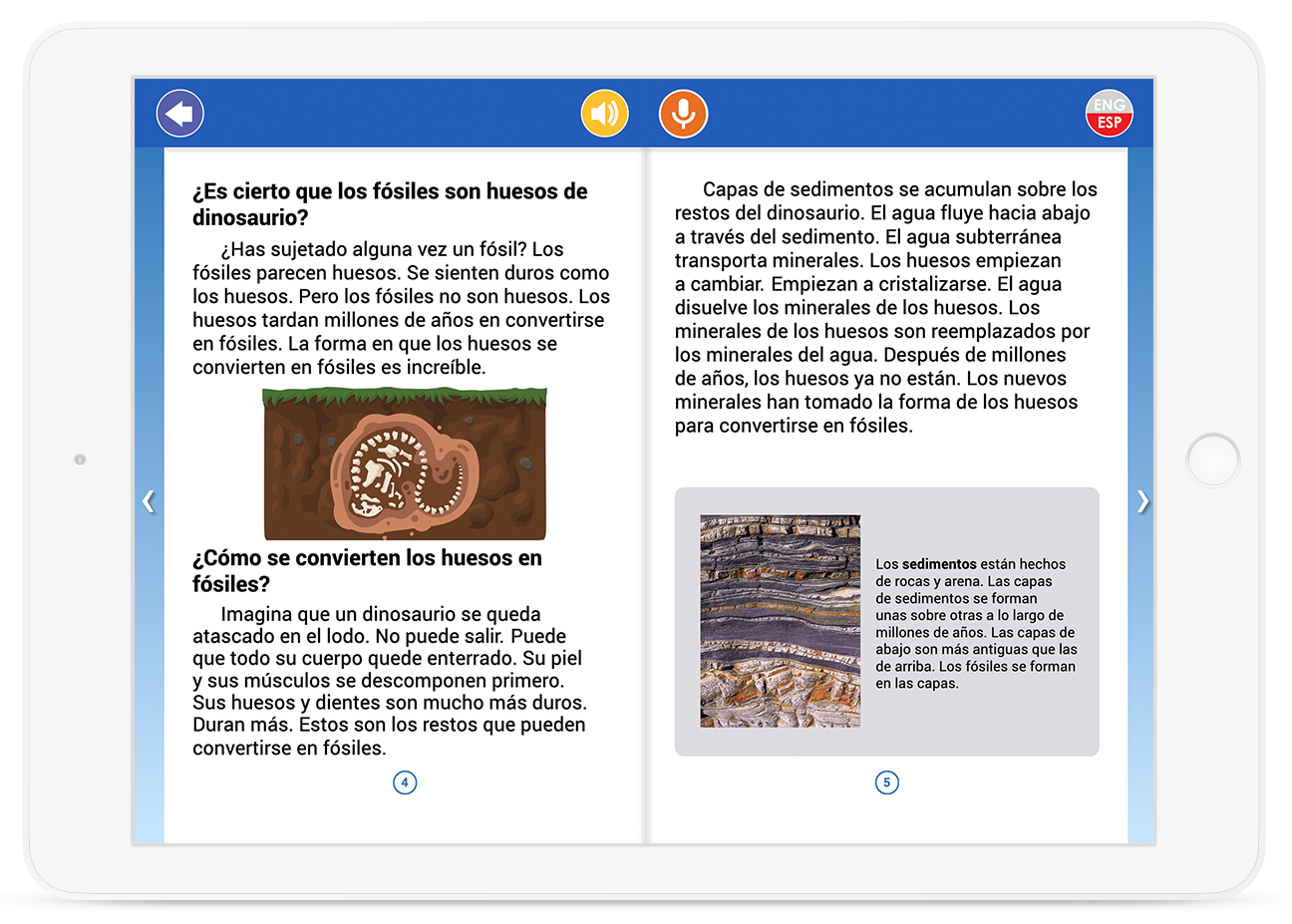Read high-interest informational books with text features like captions, illustrations, headings and a glossary. All books include audio-encoding and an English-Spanish toggle button on every page.