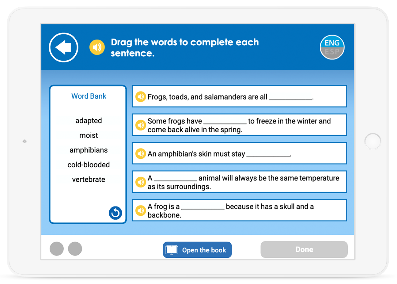Use domain-specific and tier 2 vocabulary words in sentences, using the book glossary for support.