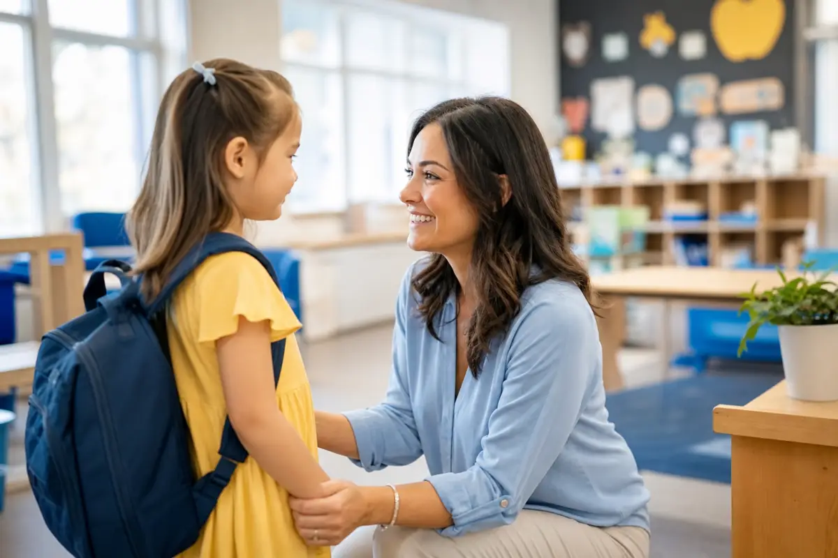 Teacher kneeling with kindergartner on first day of school