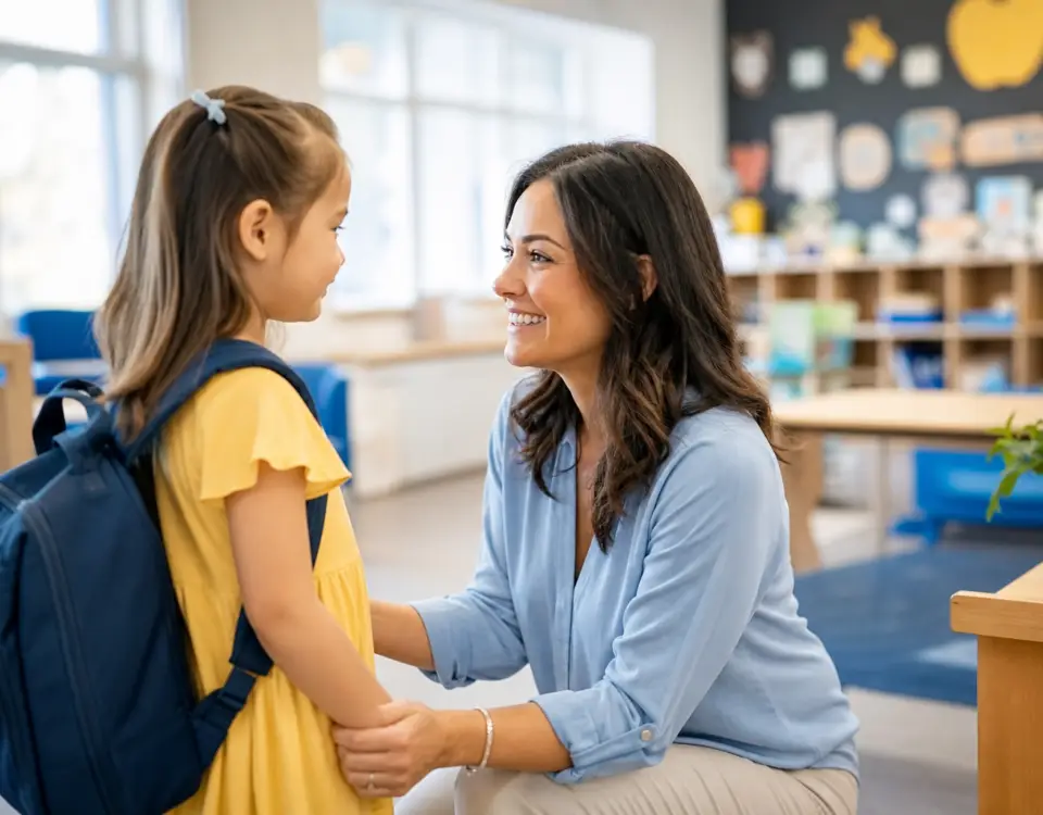 Teacher kneeling with kindergartner on first day of school