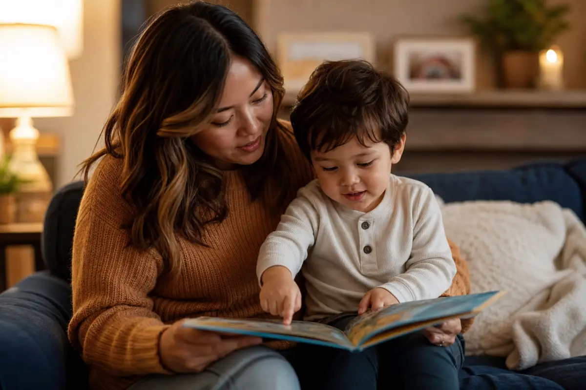 Parent reading picture book with toddler at home