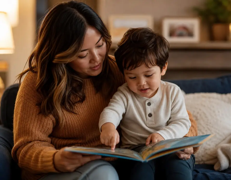 Parent reading picture book with toddler at home