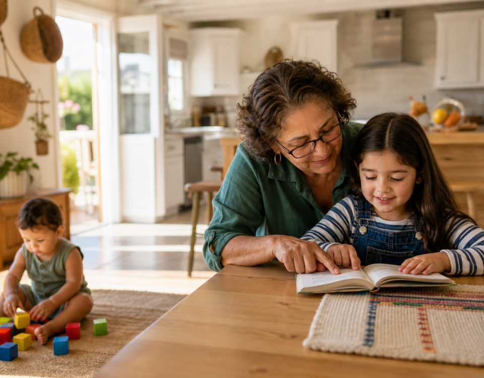 Grandmother helping child read while toddler plays nearby